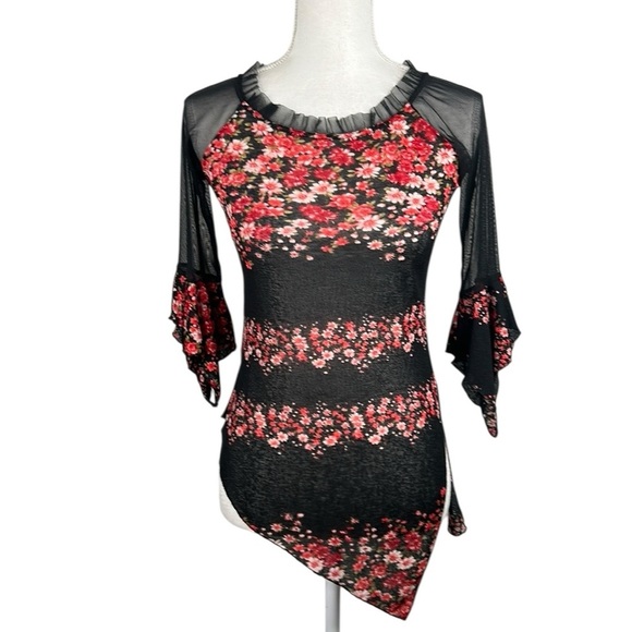 Fashion 100 Paris Black Sheer Cottagecore Floral Boho Asymmetrical Top Sz Small - Picture 1 of 6